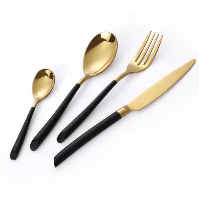 China Sustainable Restaurant Luxury Reusable Gold And Black Flatware Set Stainless Steel Cutlery Set for sale