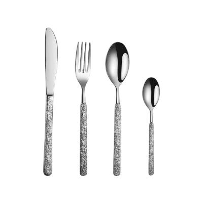 China Stainless Steel Flatware Durable Modern High End Stylish Rough Texture Handle Unique Style Cutlery Set for sale