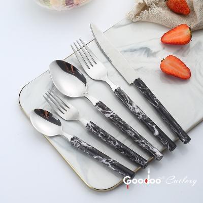 China Mirror Polish New Arrival Hot Sale Restaurant Hotel Used Stainless Steel Dinner Fork Knife Spoon Marble Design Handle Plastic Cutlery Set for sale