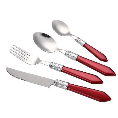 China Viable Popular Style Mirror Polished Cutlery Set Handle Knife Fork Spoon Colorful Plastic Retro Cutlery Set for sale