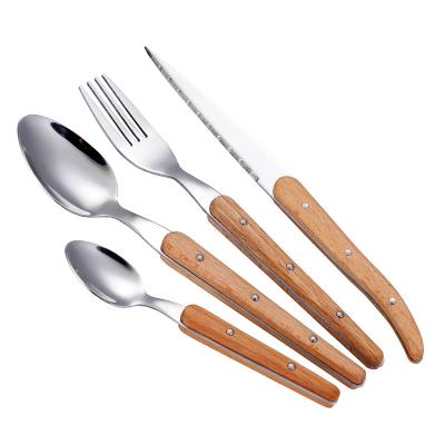 China Durable Stainless Steel Wood Color Plastic Handle Flatware Sets Spoon Knife Fork Spoon Cutlery Sets for sale