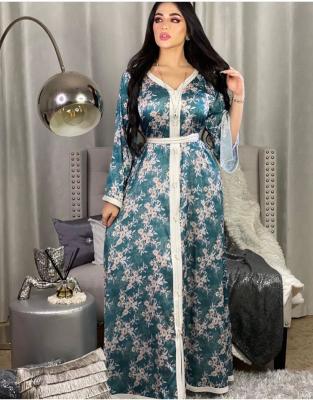 China Polyester Middle East Turkey Dubai Printed Abaya Muslim Women Clothing Muslim Kaftan Blouse Floral Lace Long Dress for sale