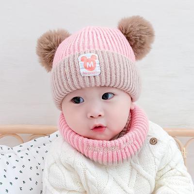 China COMMON baby hat male and female children's double hat autumn and winter dome hairball plush cold warm children covers knitted hats for sale