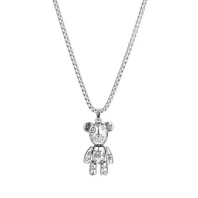 China Hiphop Street Hip Hop Diamond Bear Necklace Letter Graffiti Pendant 70cm Moving Stainless Steel Sweater Chain Pacifist for sale