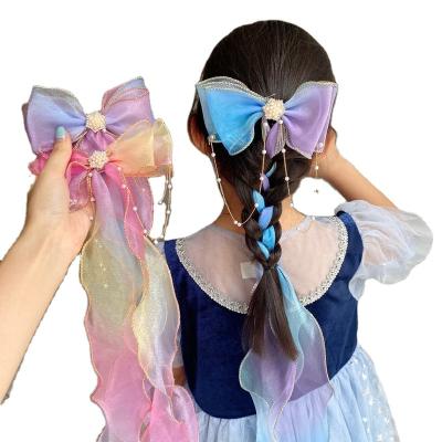 China Soft Mesh Hair Accessories Girls Children Big Hair Bow Sweet Clip Hairpin Beads Cute Diamond Organza Christmas Hair Band for sale