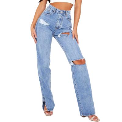 China Waterproof high quality blue cotton straight slit high-waisted micro-flared jeans denim pants for sale