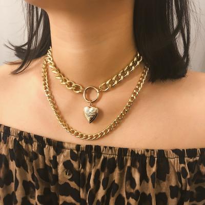 China Platinum platinum border heart-shaped creative jewelry can open pendant items for women exaggerated simple double-layer chain short necklace for sale