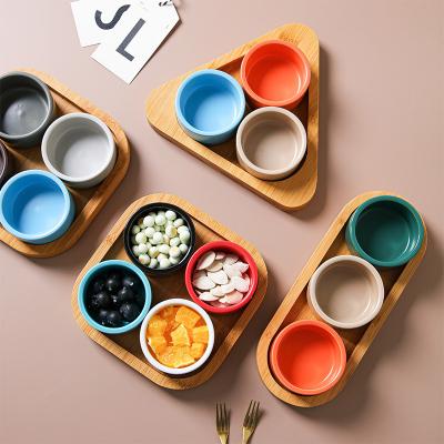 China Dish Viable Color Snack Sauce Hotel Restaurant Sta Ceramic Round Small Mug With Wooden Tray Combination Tableware for sale