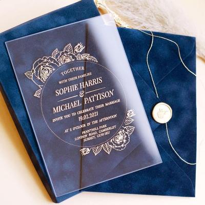 China Gift Envelope 5*7 Inches Custom Printed Clear Acrylic Wedding Invitations With Velvet Envelope And Wax Self Seal for sale