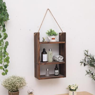 China Eco-friendly High Quality Wooden Shelf Decoration Suspensibility Wooden Wall Hanging Shelf Panels Interior Home Decoration Shelf With Rope for sale