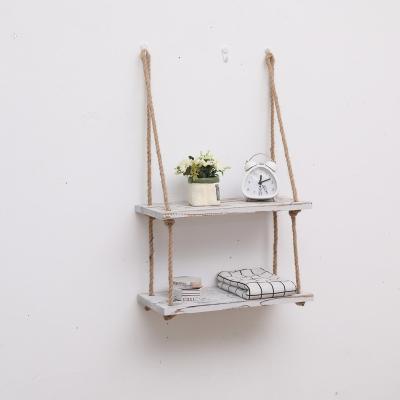 China Wooden Storage Hanging Wall Swing Storage Shelves 3 Tier Jute Rope Organizer Hanging Wood Shelf Rope Wall Hanging Shelf for sale