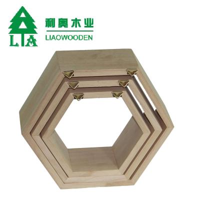 China China Factory Small Hexagon Wooden Shelf Display Outlets Decorative Wall for sale