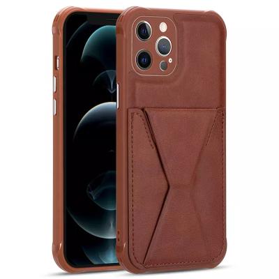 China OEM/ODM Business Design Premium 2 Card Storage Shockproof Luxury PU Case Leather Cover with Kickstand Handle Holder for iPhone 13 14 pro Max for sale