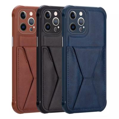 China Wholesale Premium Leather Shockproof 2 Card Storage CPU Case Cover With Kickstand Handle Holder For iPhone Brand for sale