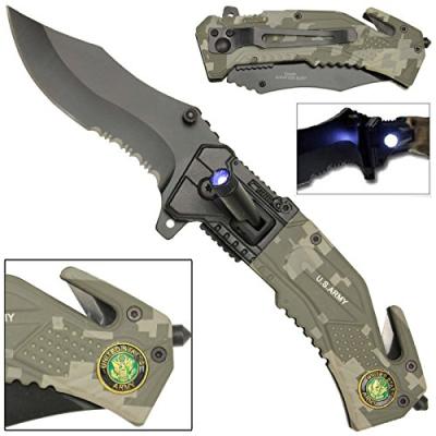 China Unrated CAMO Survival Assisted Opening Tactical Pocket Knife with LED Flashlight,Firefighter CAMO Pocket Knife for sale