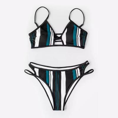 China QUICK DRY 2023 New Summer Custom Hot Sale Halter Blue White And Black Striped Bikini Pattern Two Pieces for Beach Wear for sale