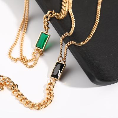 China Vintage Womens 24k Gold Plated Stainless Steel Big Red Black Green Square Diamond Stone Pendant Necklace for sale