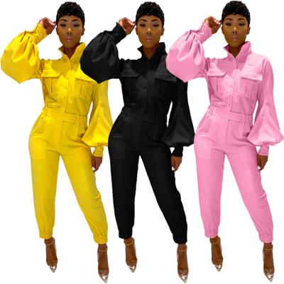 China B8048-wholesale puff sleeve ladies 2021 QUICK DRY long sleeve solid color jumpsuit women romper jump suits long sleeve for sale