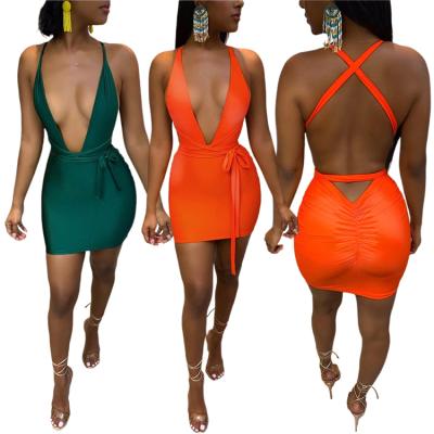 China A6363-women's viable 2021 summer wear fashion halter v neck bodycon mini dress women club wear for sale