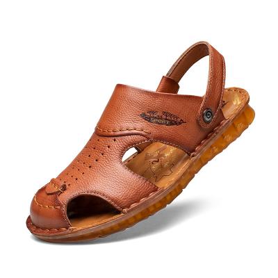 China Genuine Brown Color Mens Summer Beach Shoes High Quality Comfortable Breathable Casual Slippers Leather Trim Sandals for sale