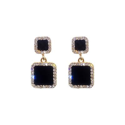 China Black Square Geometric Crystal Rhinestone Luxury Wedding Statement Earring For Women for sale