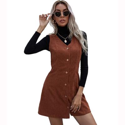 China Anti-Static Women's V-neck Solid Color Corduroy Sleeveless Jumpsuits Button Pinafore Dress Women Mini Dress for sale