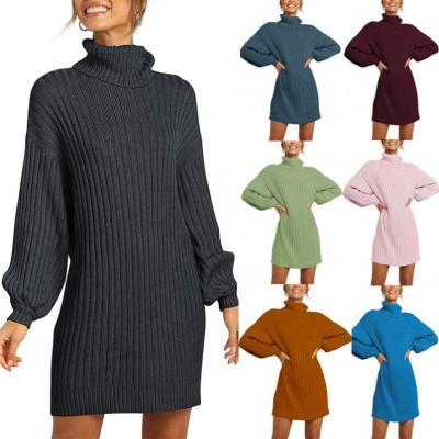 China Winter Solid Color Turtle Neck Anti-static Women's Long Sleeve Casual Knitted Sweater Dress Loose Pullover Dress for sale