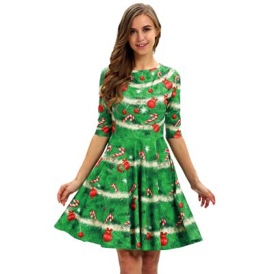 China Hot Sale Fashion Women's Soft Print Dress Polyester Christmas Slim Sleeves Midlength Dress for sale