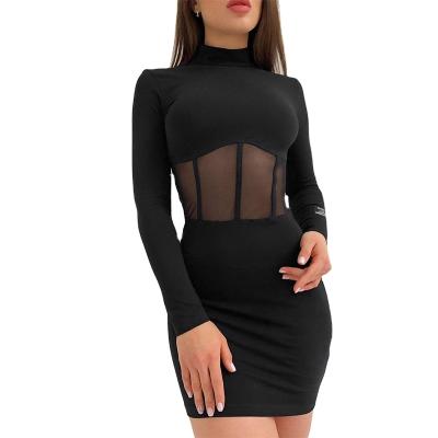 China Anti-Static Made In China New Letter Round Neck Mesh Stitching Bag Hip Skirt Long Sleeve Autumn And Winter Dress Shorts for sale