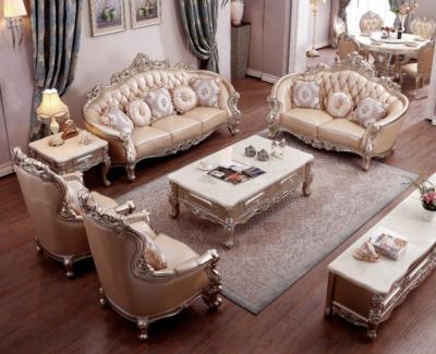 China Eco-friendly / carving living room classic european genuine leather solid wood french style carved high-grade large villia family living room sofa for sale