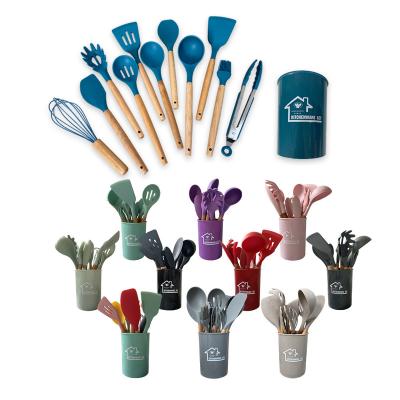 China Viable Silicone Kitchen Utensils 12 Pieces Set Silicone Wooden Shovel Spoon Spatula Handle High Temperature Non-Stick Kitchen Tool Kit for sale