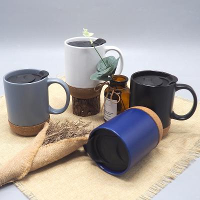 China Custom Viable Nordic Matte Cork Base Ceramic Mugs Ceramic Coffee Mug With Lid With Cork Bottom Wooden Insulated Lid for sale