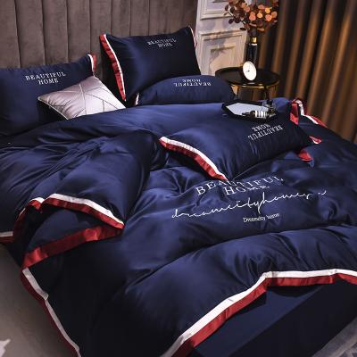 China Good Quality Nondisposable King Size Silk Comforter Bedding Set, Personality Printing Silk Bed Sheet Set for sale