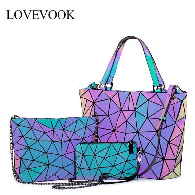 China Japan style LOVEVOOK brand handbags for women luxury designer geometric holographic reflective luminous bag set 3pcs purses and handbag for sale