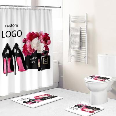 China Sustainable Pink Series Bathroom 4 Pieces Brand Logo Custom Shower Curtain Digital Print For Home Bathroom Suit for sale