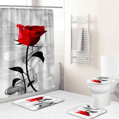 China Sustainable Luxury Shower Curtain Bathroom Sets Romantic Floral Roses Flowers Printed Polyester for sale