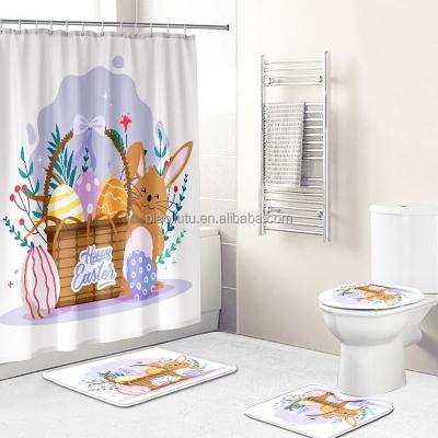 China Cute Easter Eggs Shower Curtain 4 Pcs Viable Happy Shower Curtain Set With Non-Slip Blanket, Toilet Lid Cover And Bath Mat for sale