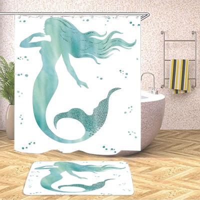 China Sustainable Bathroom Shower Curtain 2 Pcs Sets Custom Mermaid Design With Non-Slip Cover Bath Mat By Drifting Rabbit Cartoon Oil Painting Art for sale