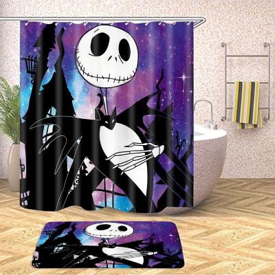 China Sustainable Custom Bathroom Shower Curtain 2 Pcs Sets Nightmare Before Christmas Design With Non-Slip Cover Bath Mat By Drifting Rabbit for sale