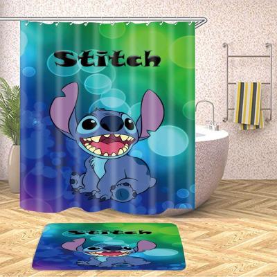 China Sustainable 3D-printing Cartoon Style Stitch Shower Curtain Set With Hook And Rug Bathroom Rugs By Drifting Rabbit for sale