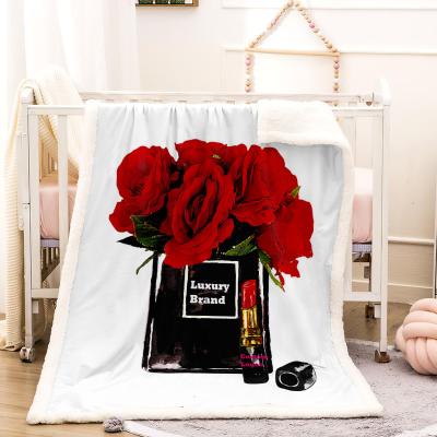 China Hot fashion brand logo red rose lamb throw super soft thick polyester sofa cover custom luxury printing blanket for gifts for sale