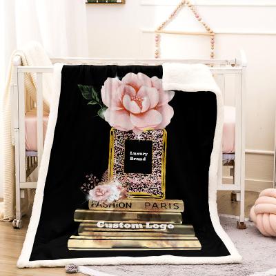 China Super Soft Luxury Warm Custom Logo Fleece Lamb Throw Blanket 3D Printing Brand Blanket Black&Gold Great For Winter, Living Room for sale