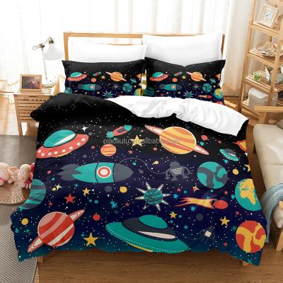 China Anti-static Hot Sale Kids Fitted Sheets Big Cute Cartoon Space Element Astronauts, Spaceship, UFOs, Rockets, Constellations Bed Set for sale