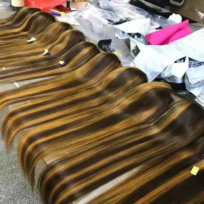 China Pre Plucked Natural Hairline Honey Blonde 36 Inch Long Straight Brown 13X4 Transparent Lace Accented Human Hair Wigs 12a Full Highlight Body Wave Hair Wig for sale