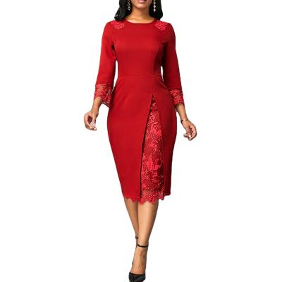 China Clothing O Neck Petal Long Sleeve Lace Patchwork Breathable Embroidery African Red Ladies Big Size Lady Career Elegant Slim Dress for sale