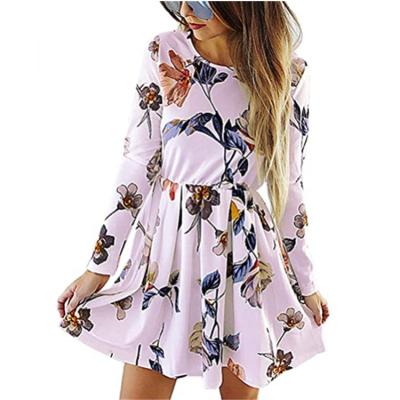 China 2021 Washable Women's Dresses Washable Long Sleeve Round Neck Swing Pleated Skater A Line Mini Casual Dress for sale