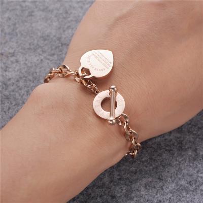 China Fashion Trendy Stainless Steel Bracelet O Shape Heart Pendant Rose Gold Plated Chain Bracelet Fashion Women Jewelry Wholesale for sale