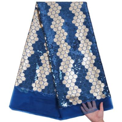 China 2224 Organic Free Shipping Blue African French Lace Fabric With Shiny Sequins Nigerian Embroidery Net Tulle Lace Fabric For Dress Dress for sale