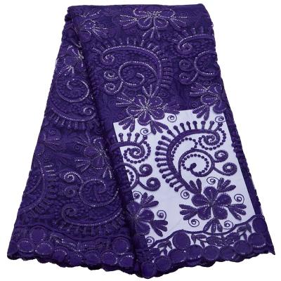 China New Design 2787 Viable Silk French Mesh Lace Fabric Tulle Net With Dark Purple Heavy Sequins Embroidery Lace African For Women for sale