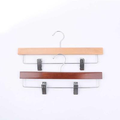 China Wholesale fashion/home durable/eco-friendly/anti-slip/supermarket store use flat natural wooden pants hangers with two clips for sale